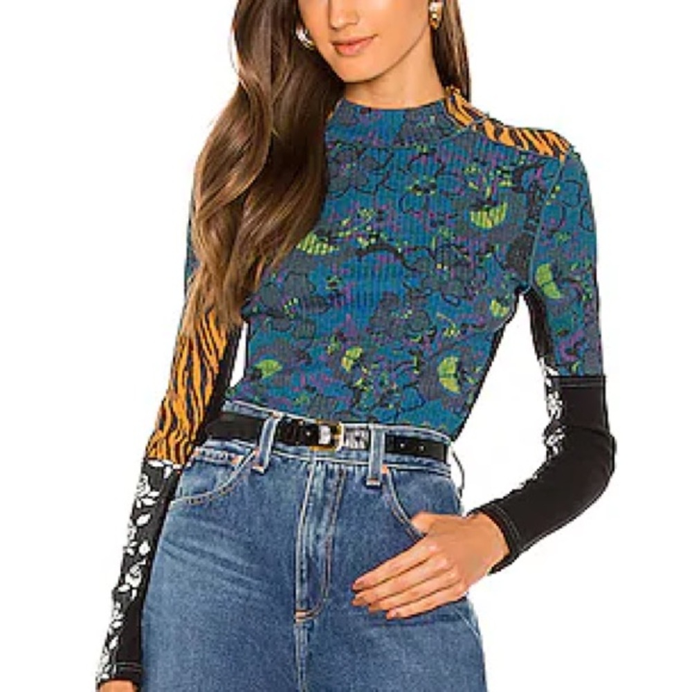Free People Mixed Print Long Sleeve Top in Teal, Black, Orange